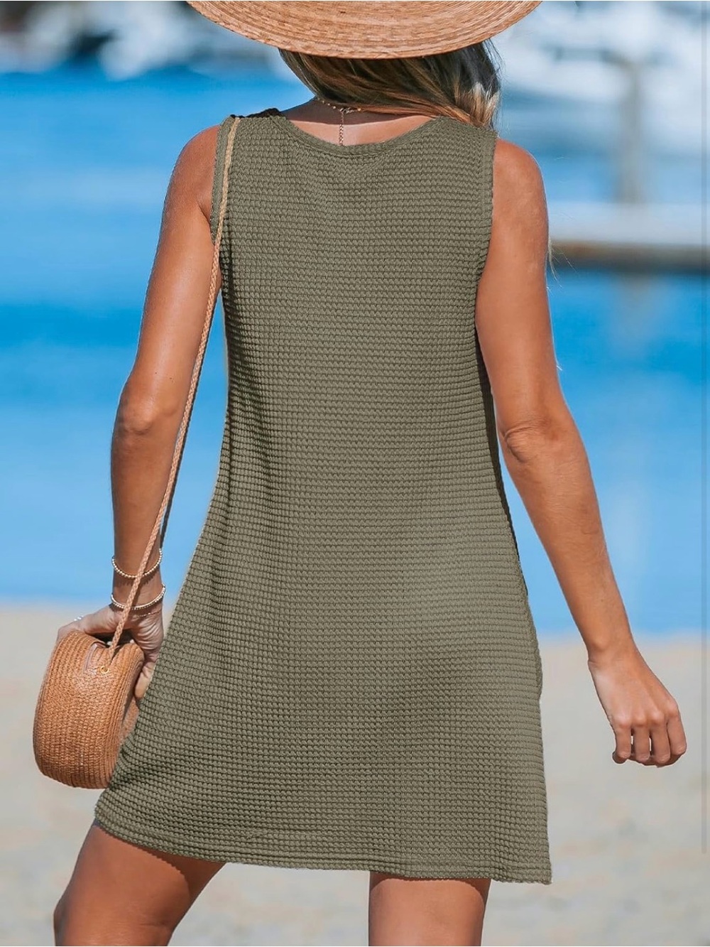 Cupshe Woman’s Army Green Waffle Knit Twisted Cover Up Mini Dress Size X Large - Picture 2 of 6